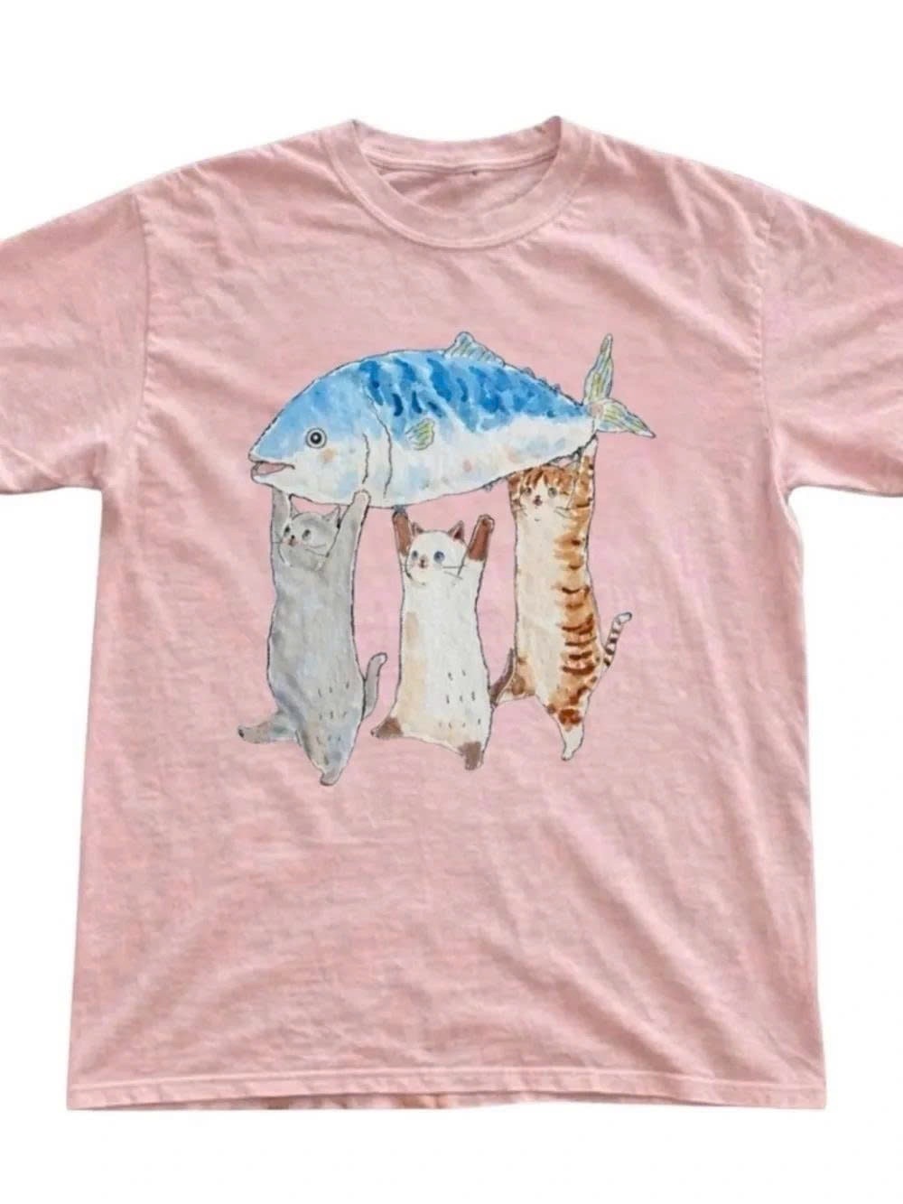 Pink Tee with Cats Holding Blue Fish Graphic